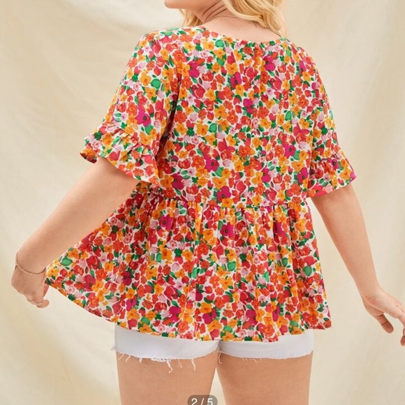 Dreamara Plus Allover Floral Print Flounce Sleeve Peplum Blouse size curve 4XL - Picture 7 of 7